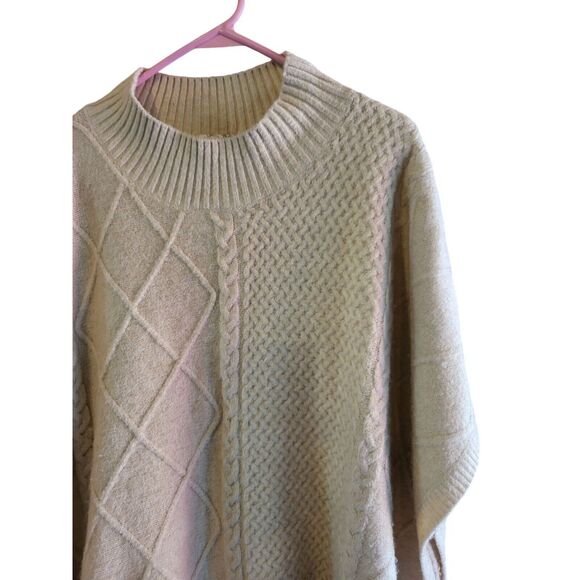 Free People Poncho OS Womens Pullover Tan With Blue Ribbed Top Boho Lagen Look - Picture 3 of 6